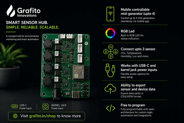 Grafito smart sensor hub with mist generator channels, mobile dashboard, and environmental sensor panel